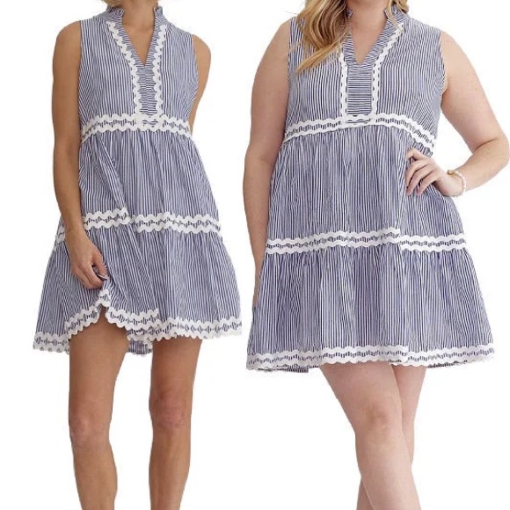 entro Blue and White Striped Sleeveless Mini Dress